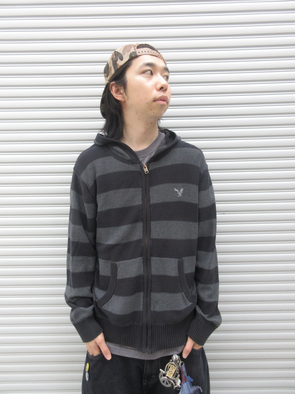 10s AMERICAN EAGLE Zipup Striped Knit Hoodie